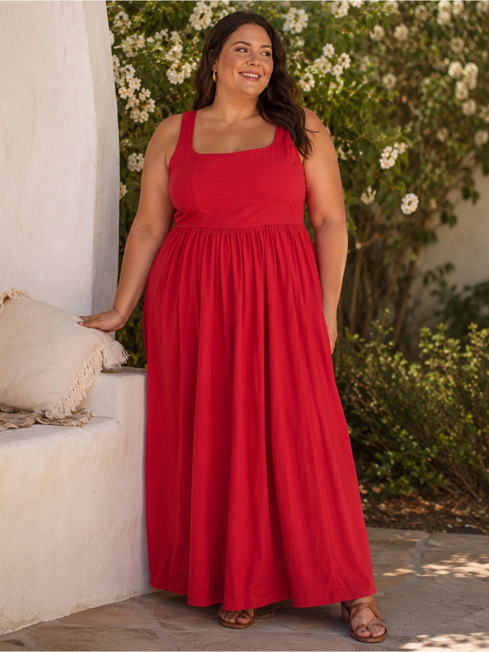 LÉA Red Maxi Dress 1X Linen Blend Smocked Back Sleeveless Boho Resort